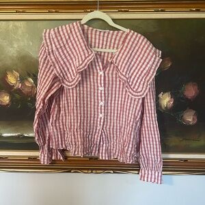 Pink and White Gingham Ruffled Collar Blouse